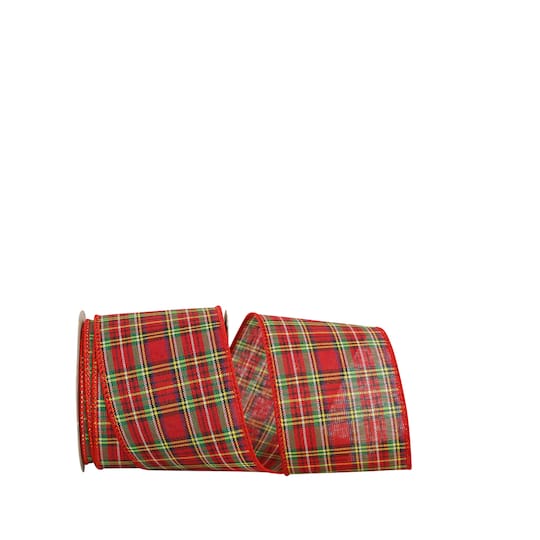 JAM Paper 2.5&#x22; x 50yd. Traditional Wired Edge Value Plaid Ribbon